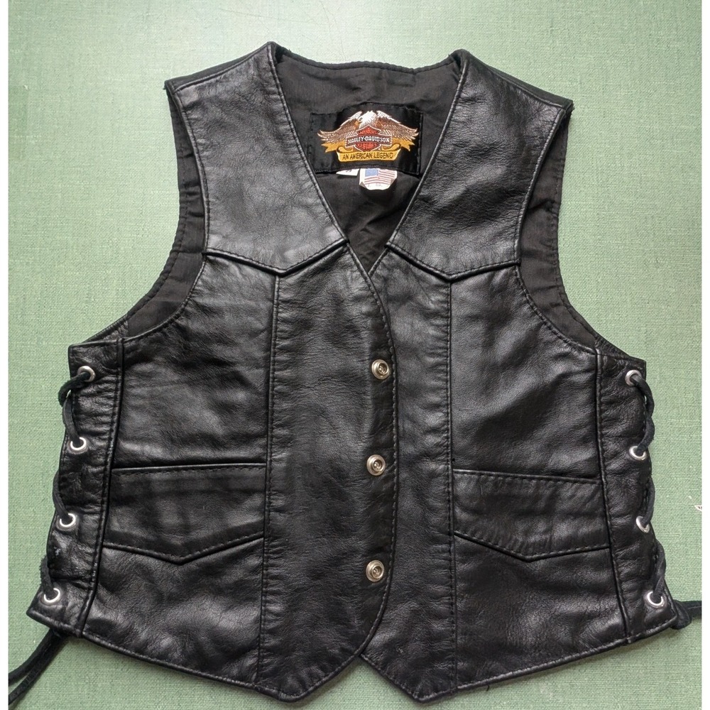 Vintage Kids Harley-Davidson Black Leather Biker Vest Side Lace Size 6 USA